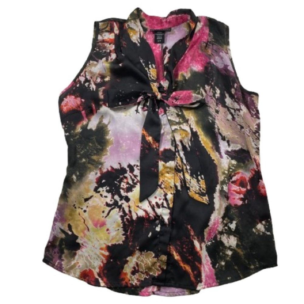 Apostrophe Women's Sleeveless Top - Multicolor Bow Tie Neck Button Down Small